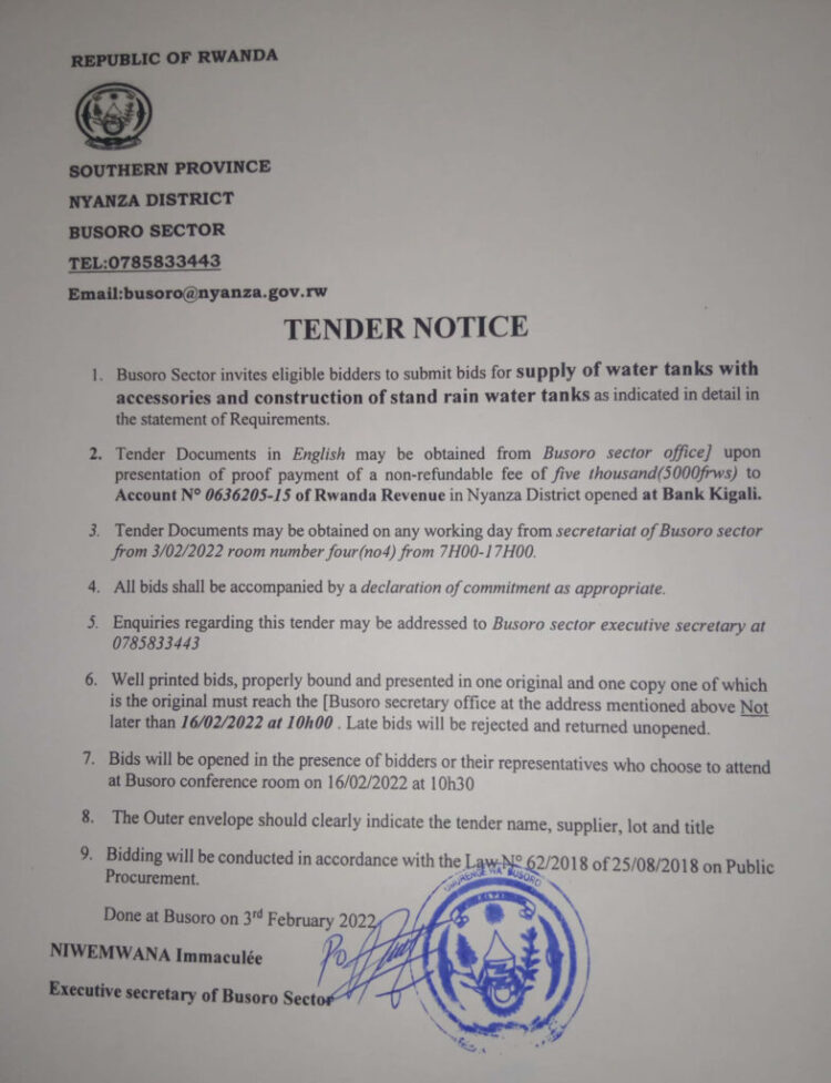 » Busoro Sector: Tender Notice for Supply of water tanks with ...