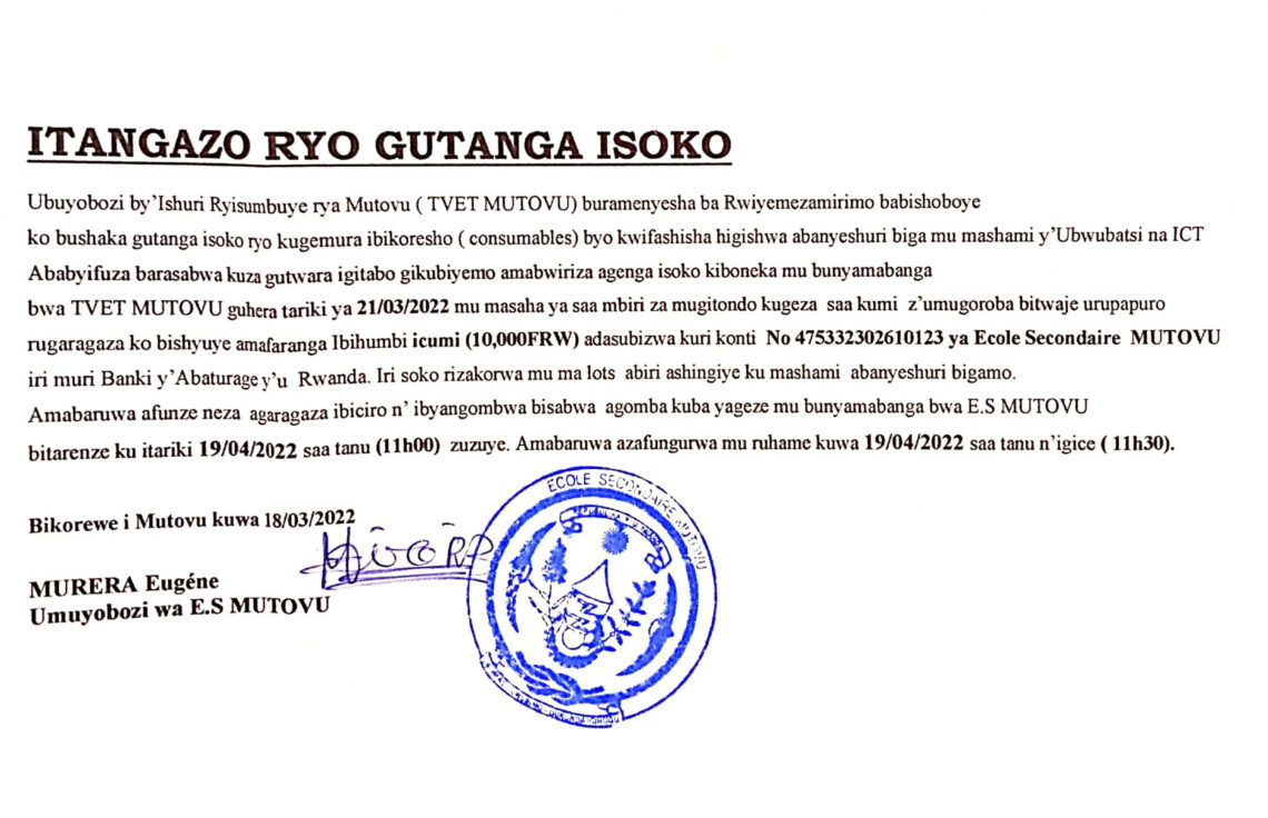 » TVET Mutovu: Itangazo ryo gupiganira isoko ImvahoNshya