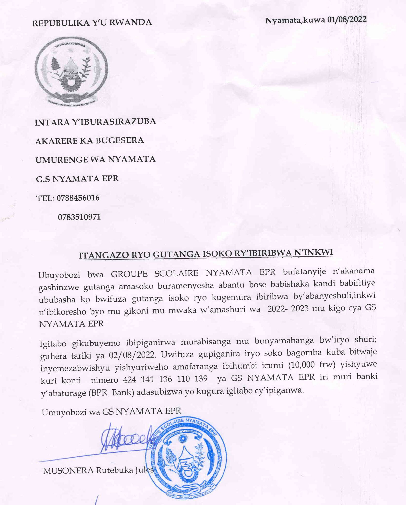 » GS Nyamata EPR: Itangazo ryo gupiganira isoko ry’ibiribwa n’inkwi ...