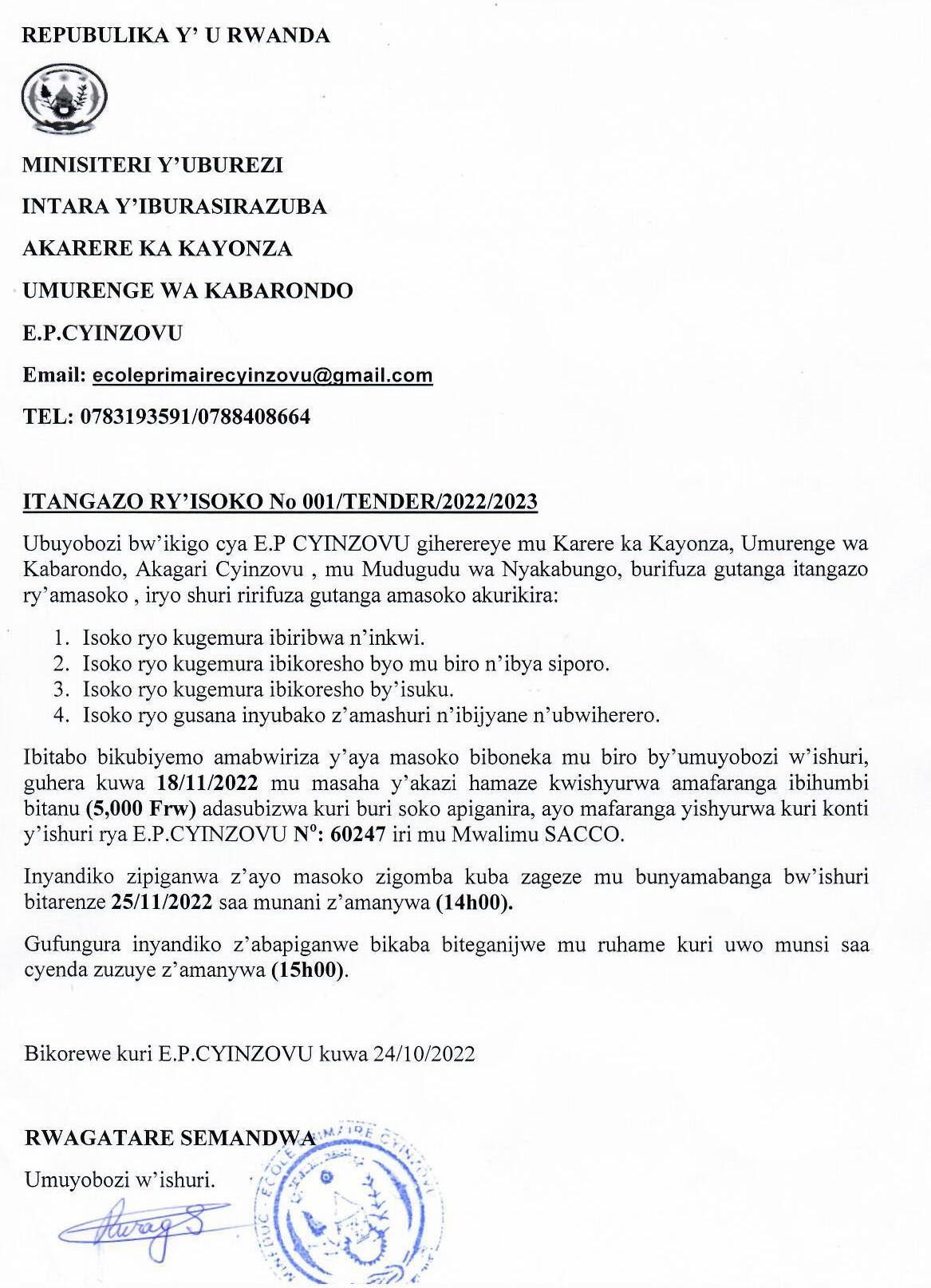 » EP Cyinzovu: Itangazo ryo gupiganira isoko ImvahoNshya