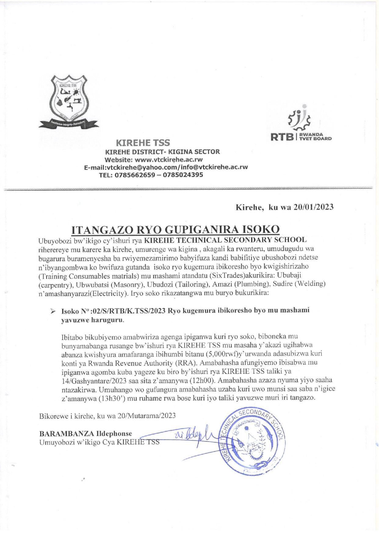 » KIREHE TSS: ITANGAZO RYO GUPIGANIRA ISOKO ImvahoNshya