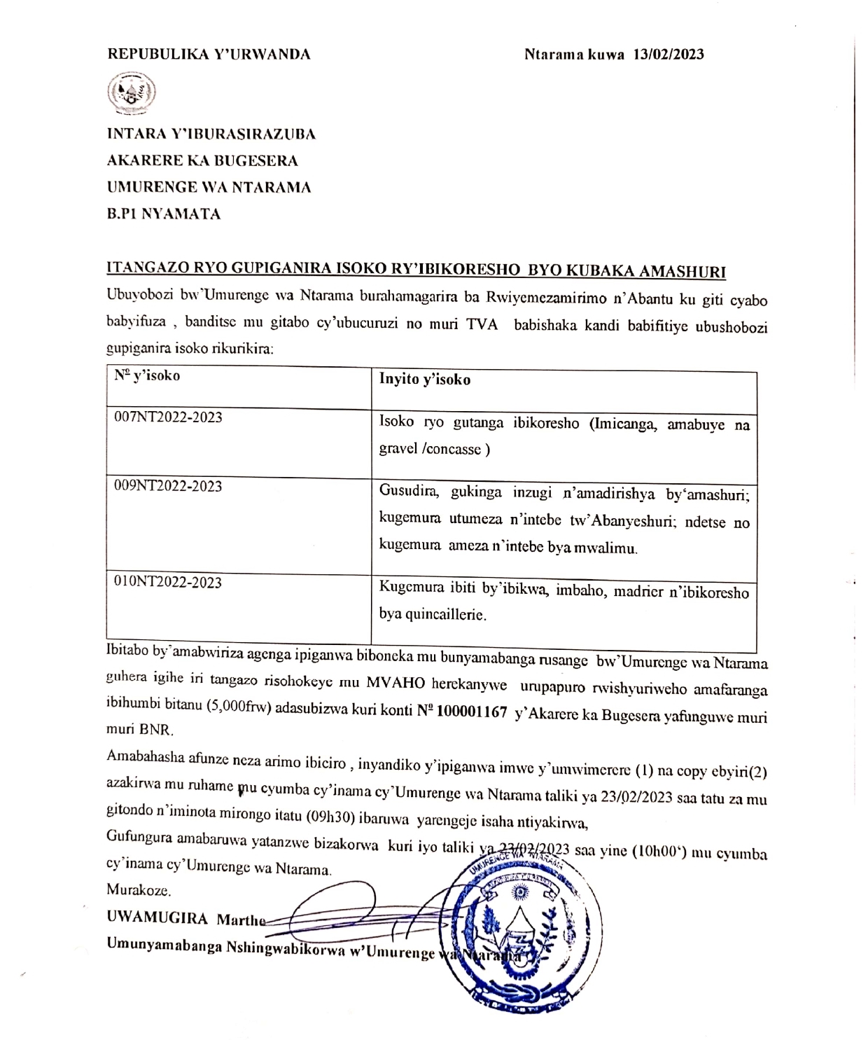 » Umurenge wa Ntarama: Itangazo ryo gupiganira isoko ry’ ibikoresho byo ...