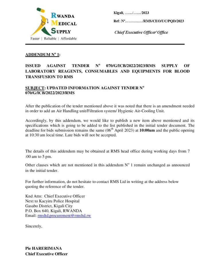 » RWANDA MEDICAL SUPPLY (RMS): Addendum to tender for supply of ...