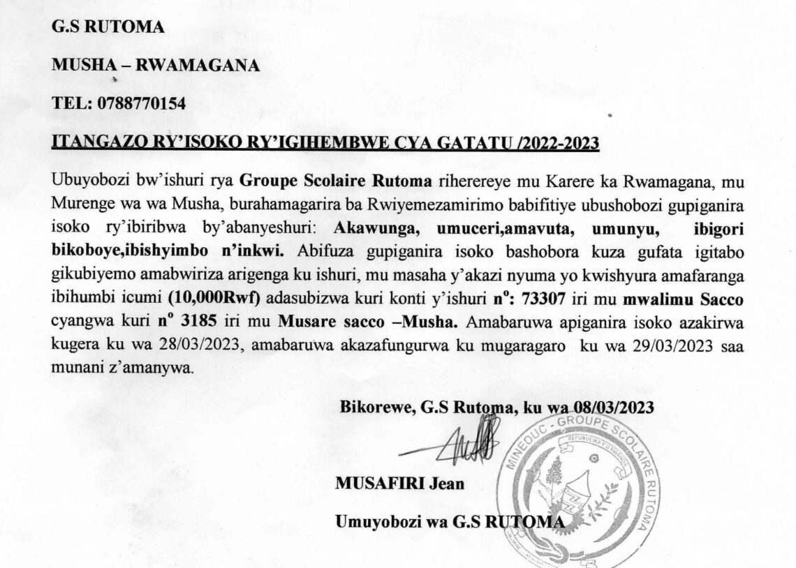 » GS Rutoma: Itangazo ryo gupiganira isoko ImvahoNshya