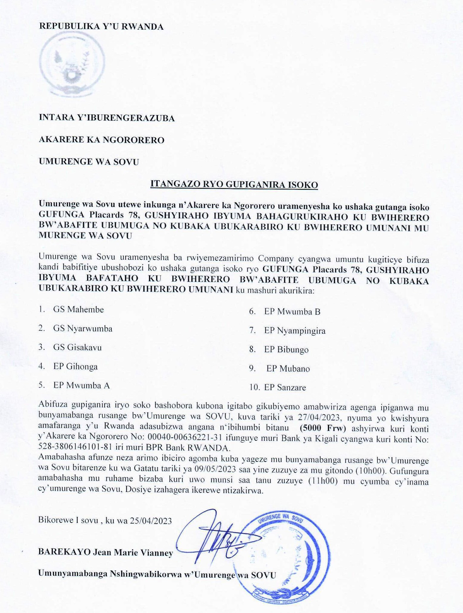» Umurenge wa Sovu : Itangazo ryo gupiganira isoko ImvahoNshya