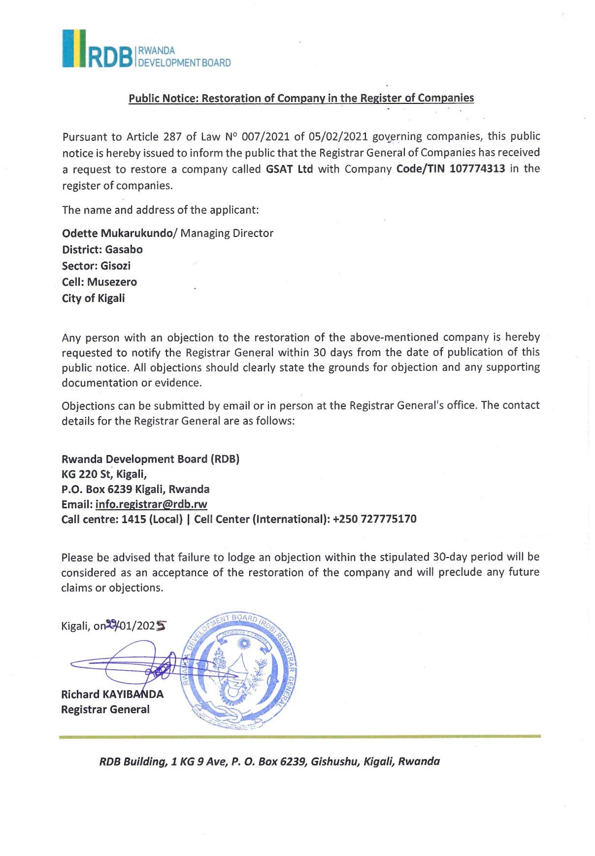 » RDB: Restoration of GSAT Ltd in the Register of Companies ImvahoNshya