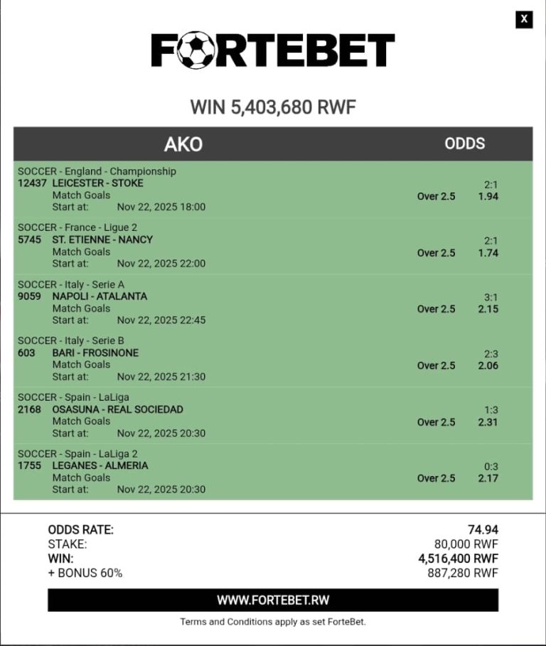 Over za 2.5 zashwanyaguje 5,403,680 Frw mu masaha make