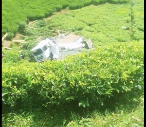 Nyamasheke: Ikamyo yikoreye imbaho yarenze umuhanda igwa mu kabande