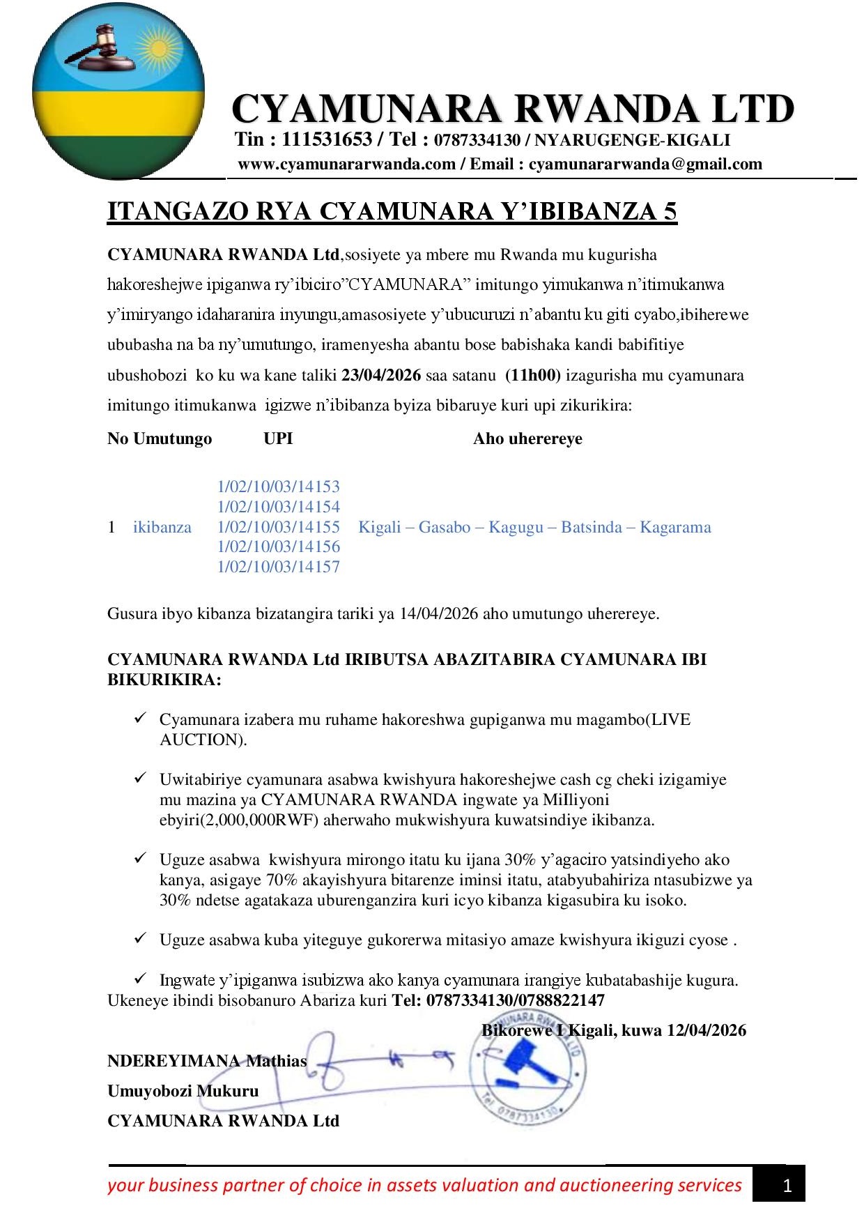 Itangazo Rya Rdf » CYAMUNARA RWANDA LTD: Itangazo rya cyamunara y’ibibanza 5 biherereye ...